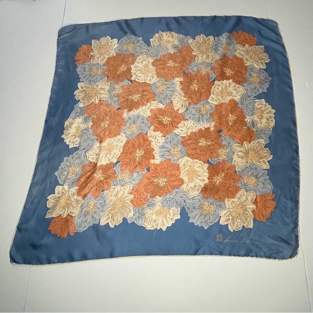 Vintage 1980's Anne Klein Signature Logo Silk Scarf Floral Hand Rolled Hem Japan - Picture 3 of 10
